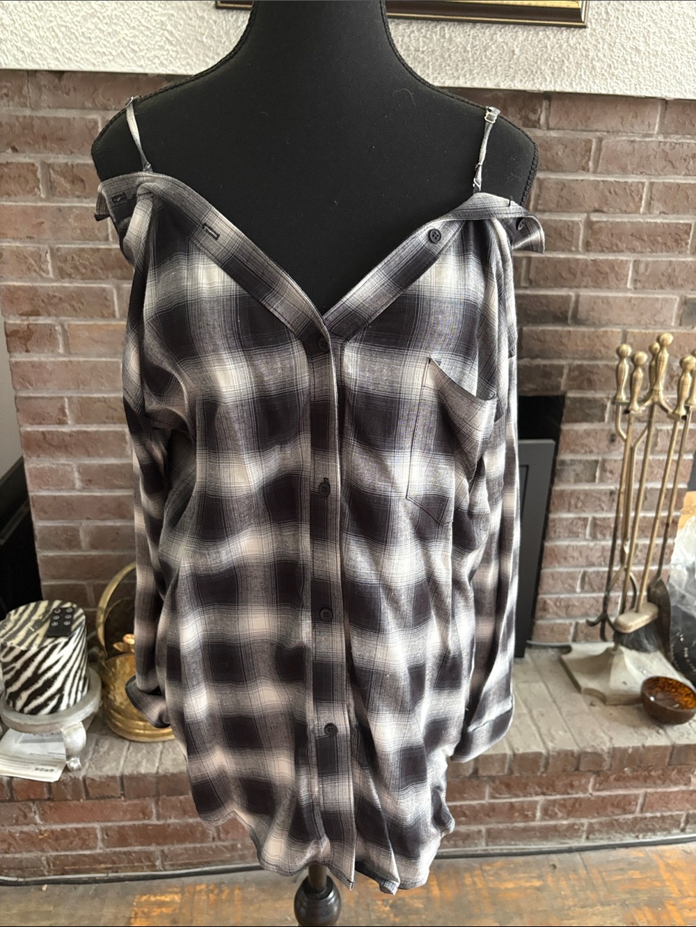 Bailey 44 Black and White Plaid Off-Shoulder Button-Down Shirt